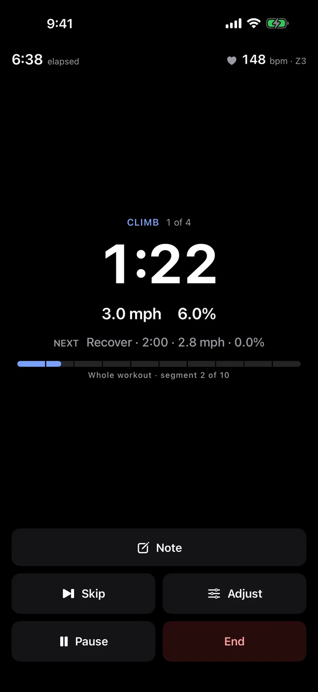 Interval workout running on iPhone, showing the CLIMB segment 1 of 4 with a 1:22 countdown, targets of 3.0 mph at 6.0 percent incline, the next segment previewed, and segment 2 of 10 on a progress bar.