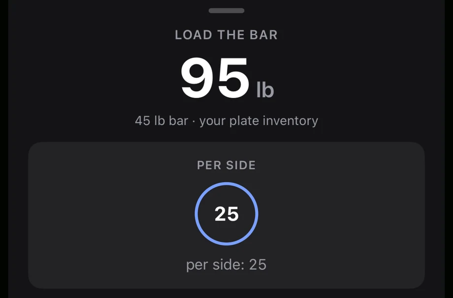 Parameter's plate calculator, headed "Load the bar", showing a 95 pound target on a 45 pound bar and a per-side breakdown of one 25 pound plate each side, drawn from the plates the user owns.