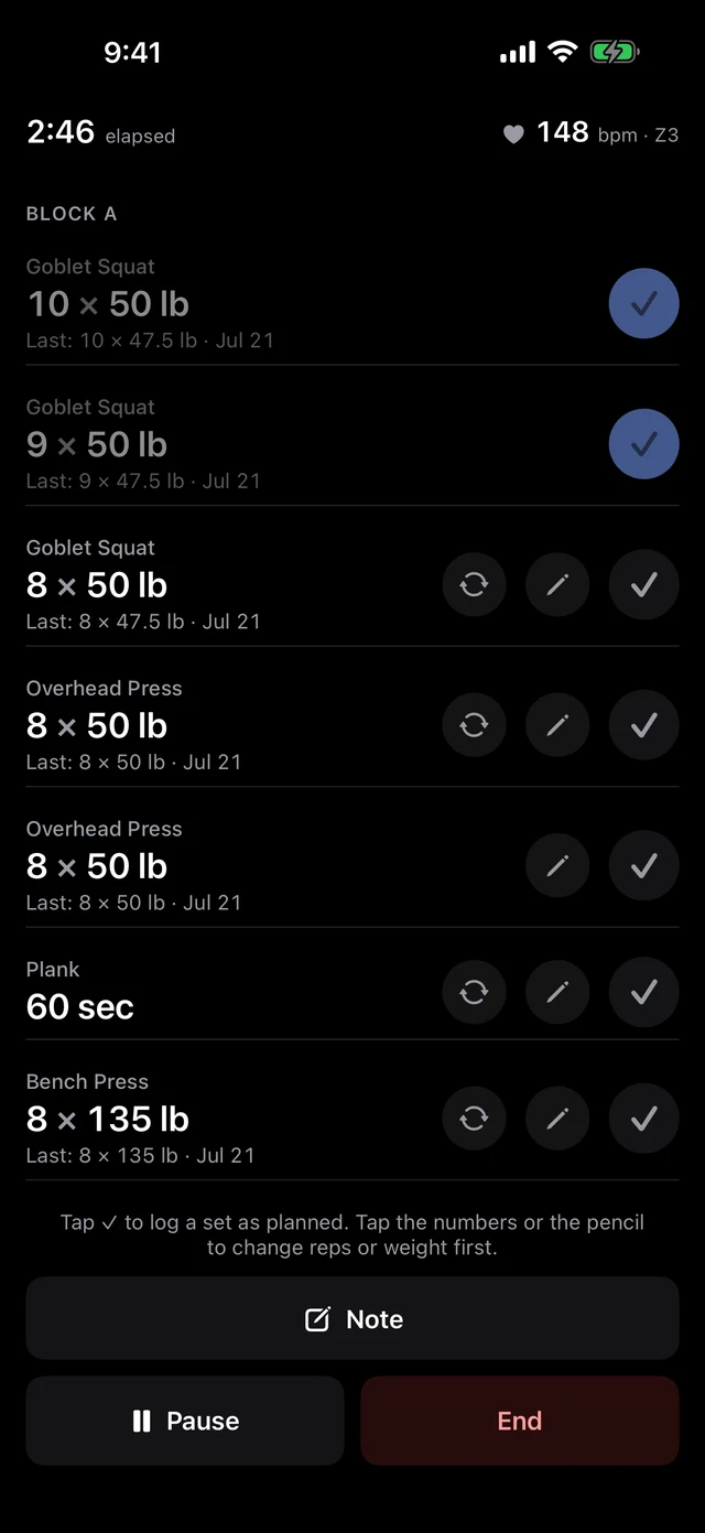 Strength workout running on iPhone, with a list of sets: two logged Goblet Squat sets checked off, and pending Overhead Press, Plank and Bench Press rows each showing the weight and reps from the last session.