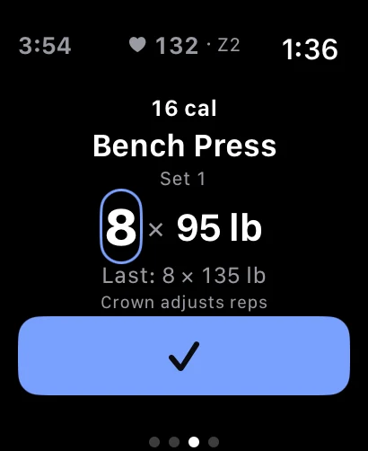 Apple Watch showing a Bench Press set of 8 reps at 95 pounds, the previous session's 8 reps at 135 pounds underneath, and a large check button to log the set.