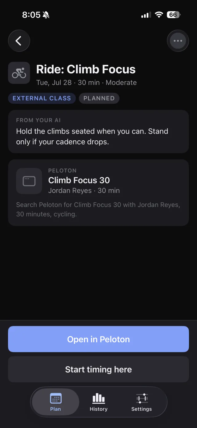A class workout's detail screen with the class name, instructor and length