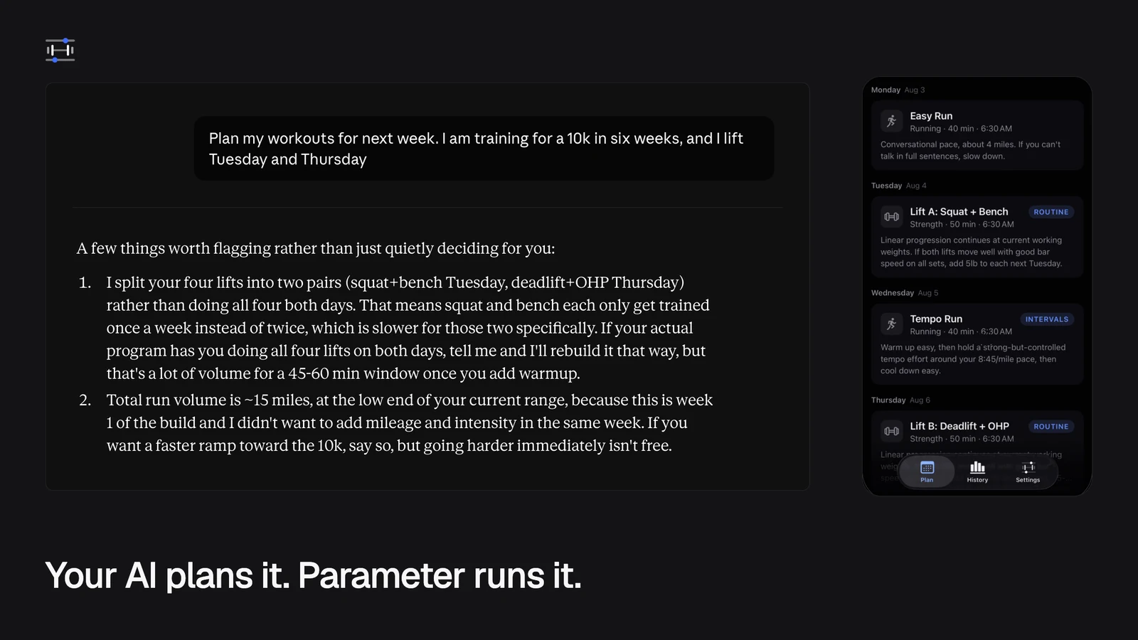 Press hero: the typed prompt and Claude's reply on the left, the resulting week of workouts on an iPhone on the right, under the line Your AI plans it. Parameter runs it.
