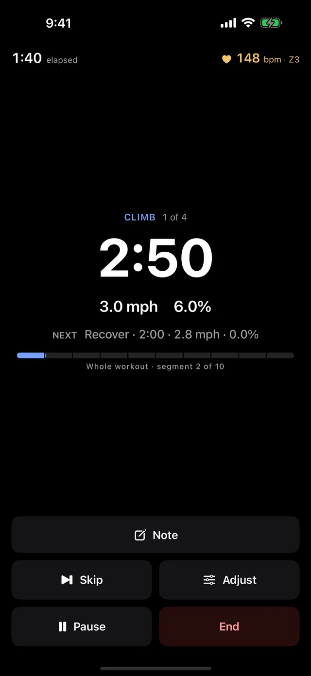An interval workout running, showing the current segment and its targets