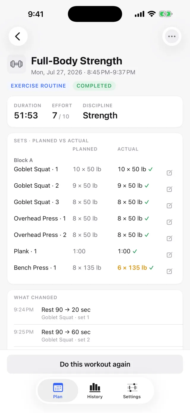A finished workout comparing what was planned against what was done