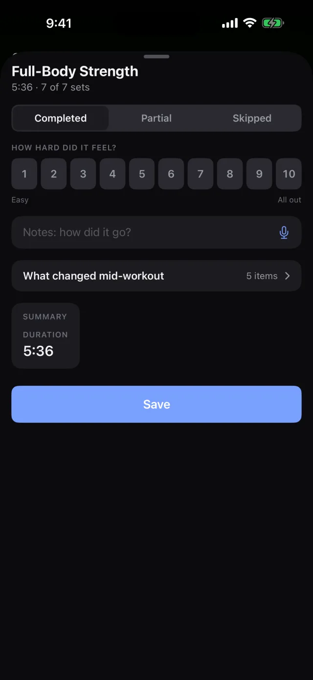 The post-workout sheet where a user rates perceived effort