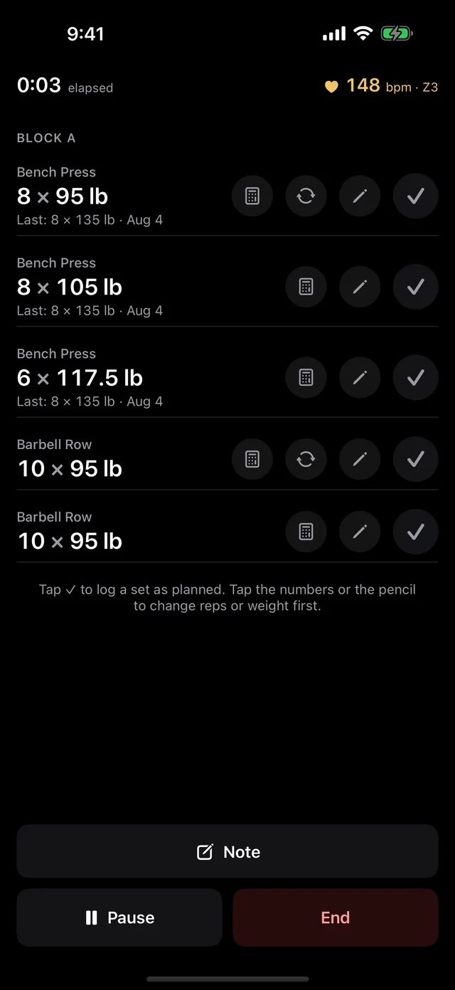 A strength workout mid-set, with the set checklist and prescribed weights