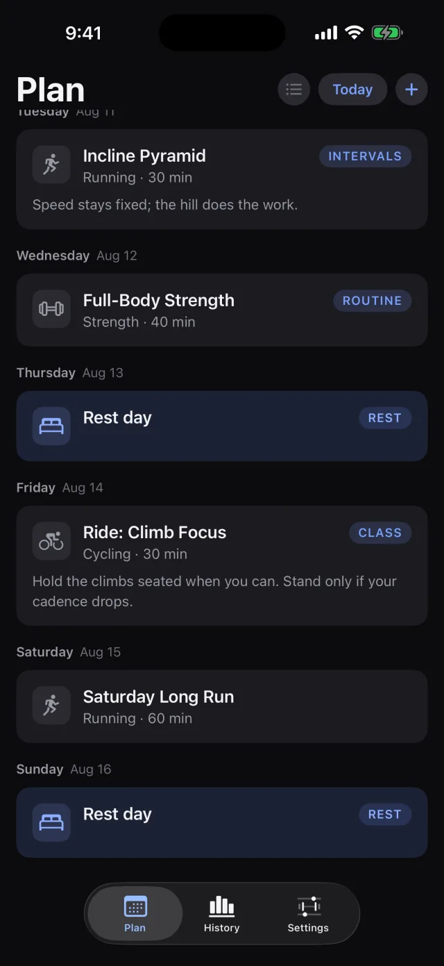 The Plan tab in timeline mode, six days listed as cards with type badges