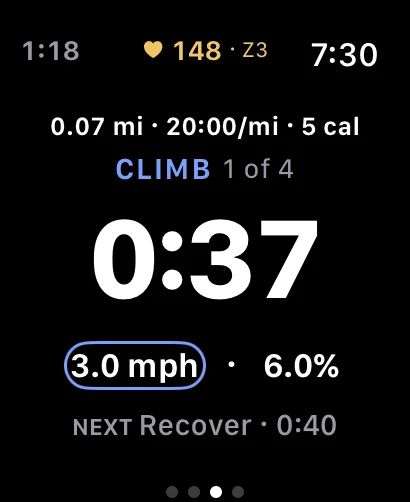 Apple Watch showing the current interval segment and its heart-rate zone