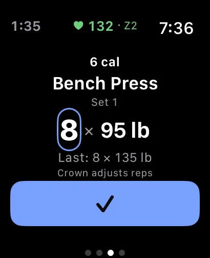 Apple Watch showing the next set of a strength workout