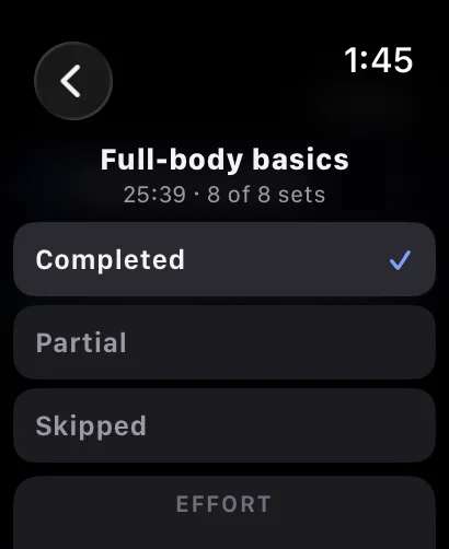 Apple Watch effort-rating sheet shown when a workout is saved
