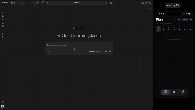 Animated demo, a prompt typed into Claude becomes a week of workouts on the phone